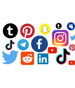 Graphic that contains various social media logos such as Tumblr, Pinterest, Snapchat, Myspace, Twitter, TikTok, Facebook, LinkedIn, Youtube, and Instagram.