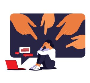 Graphic showing a person sitting with their head in their hands, surrounded by pointing hands and negative speech bubbles, representing cyberbullying or social pressure.